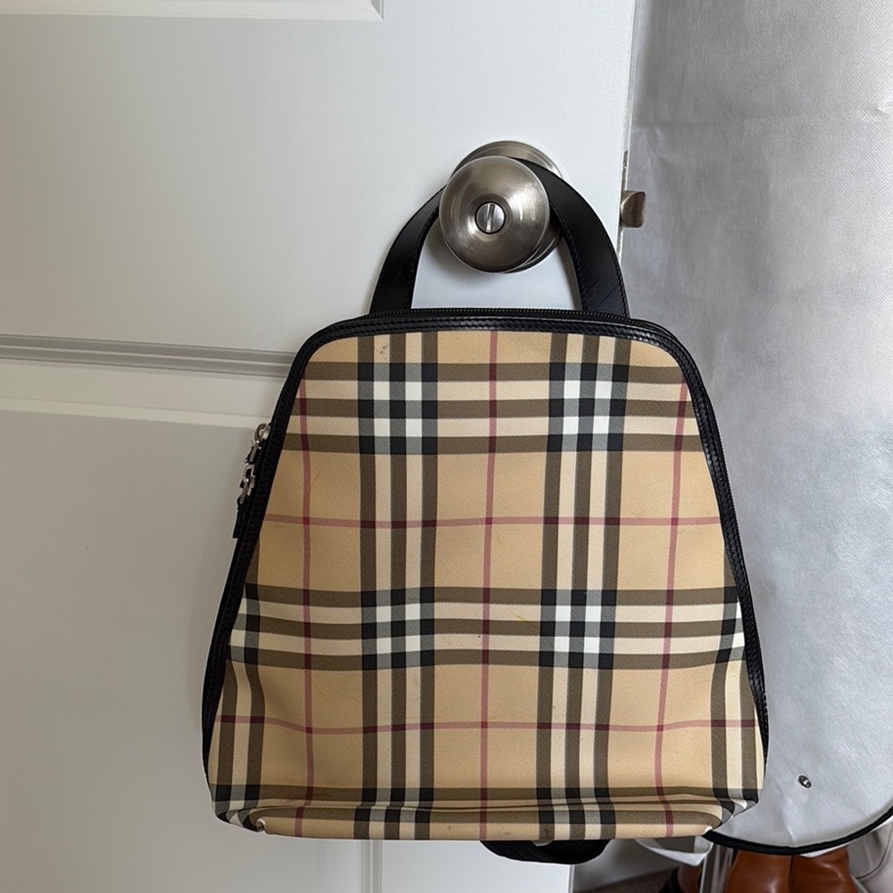 Chic Tan Plaid Backpack with Black Trim